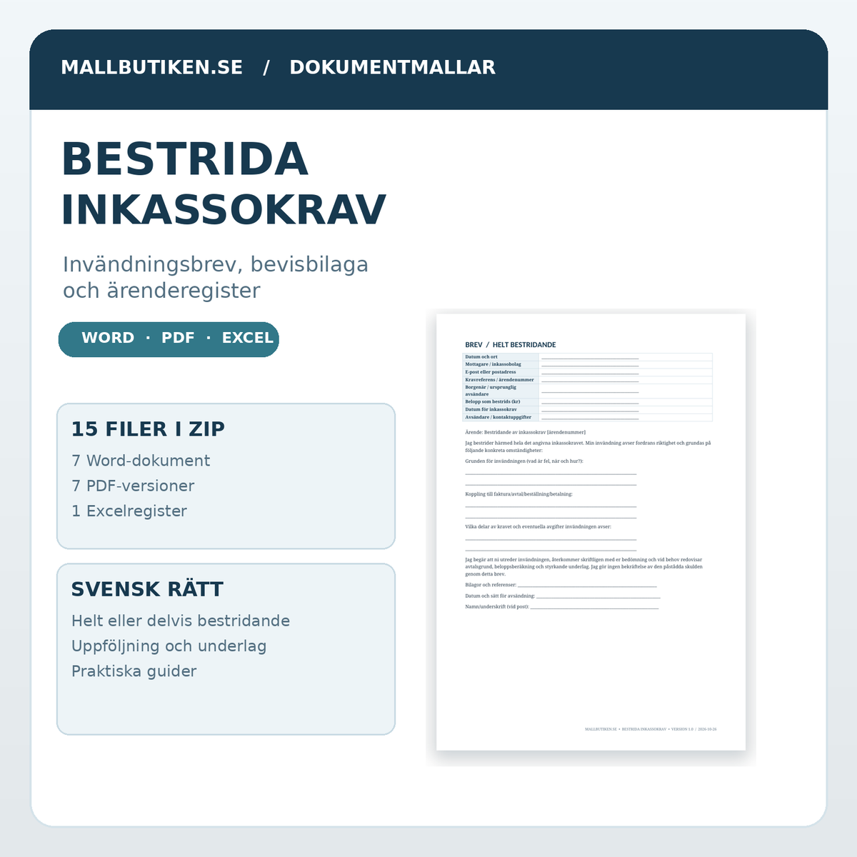 Bestrida inkassokrav – Word/PDF/Excel dokumentpaket med riktig förhandsvisning