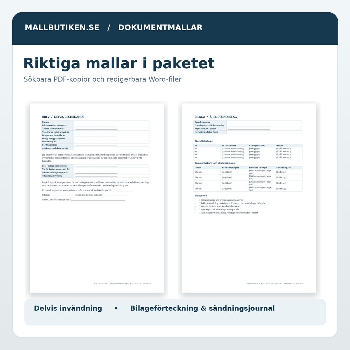 Bestrida inkasso – delvis invändning och bevisjournal, verkliga PDF-sidor