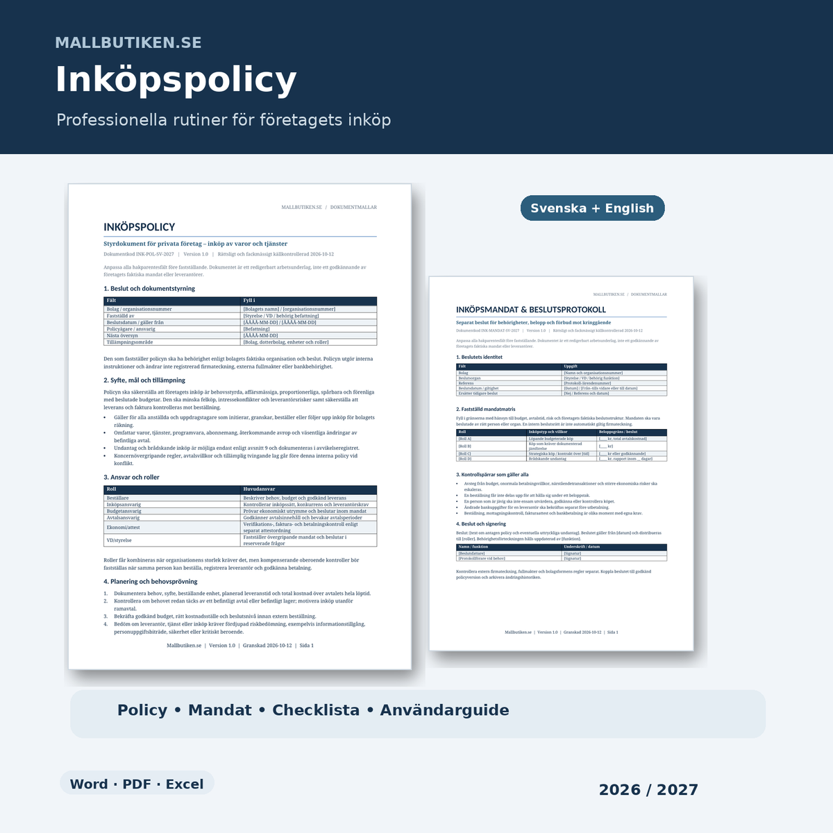 Inköpspolicy 2026/2027 komplett mallpaket svenska engelska Word PDF Excel