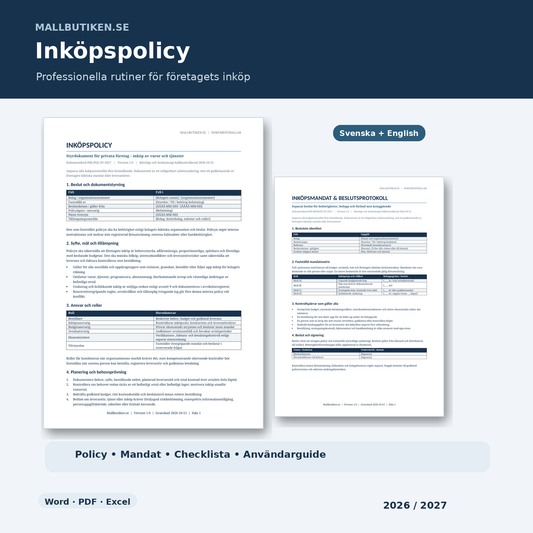Inköpspolicy 2026/2027 komplett mallpaket svenska engelska Word PDF Excel