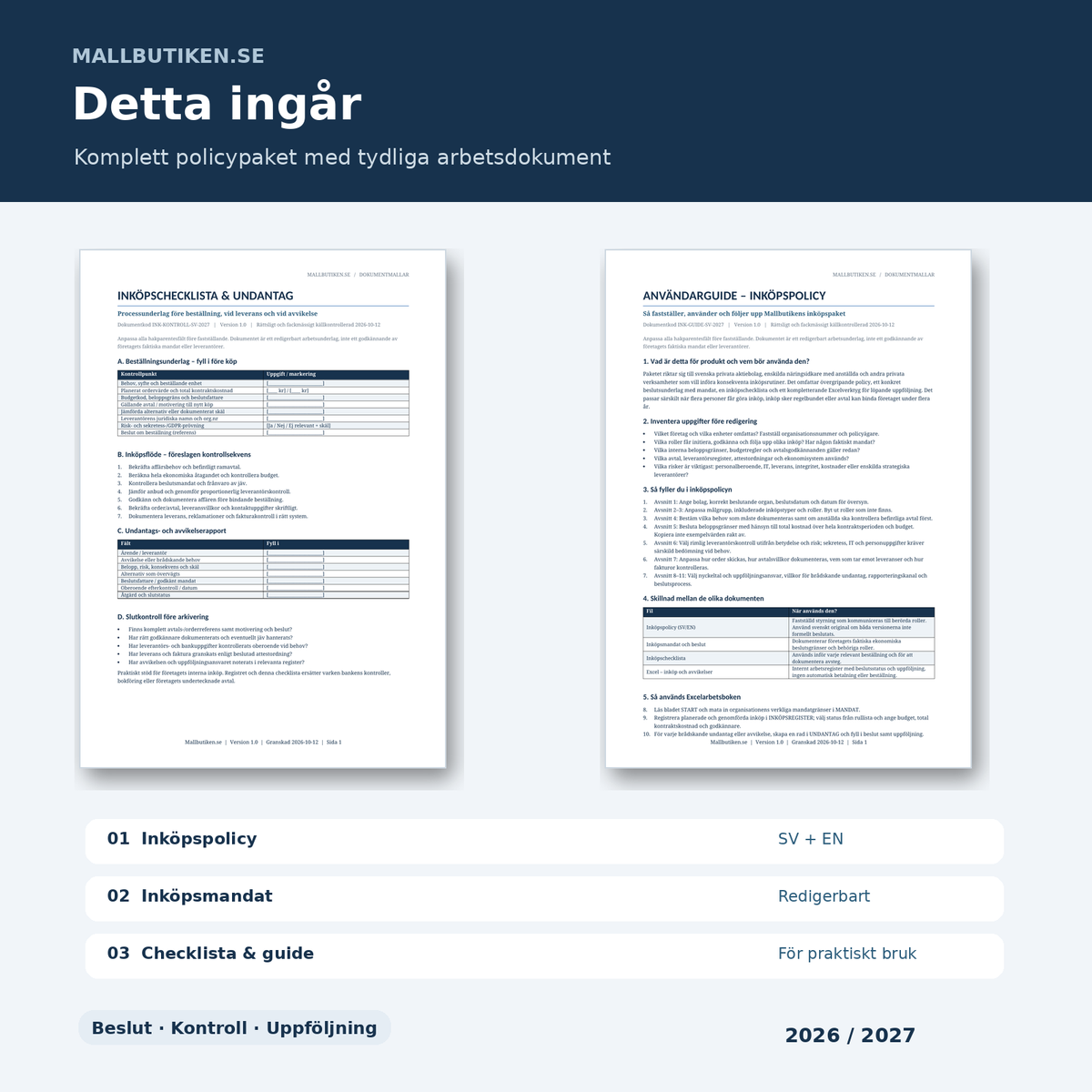 Inköpspolicy med inköpsmandat checklista och användarguide