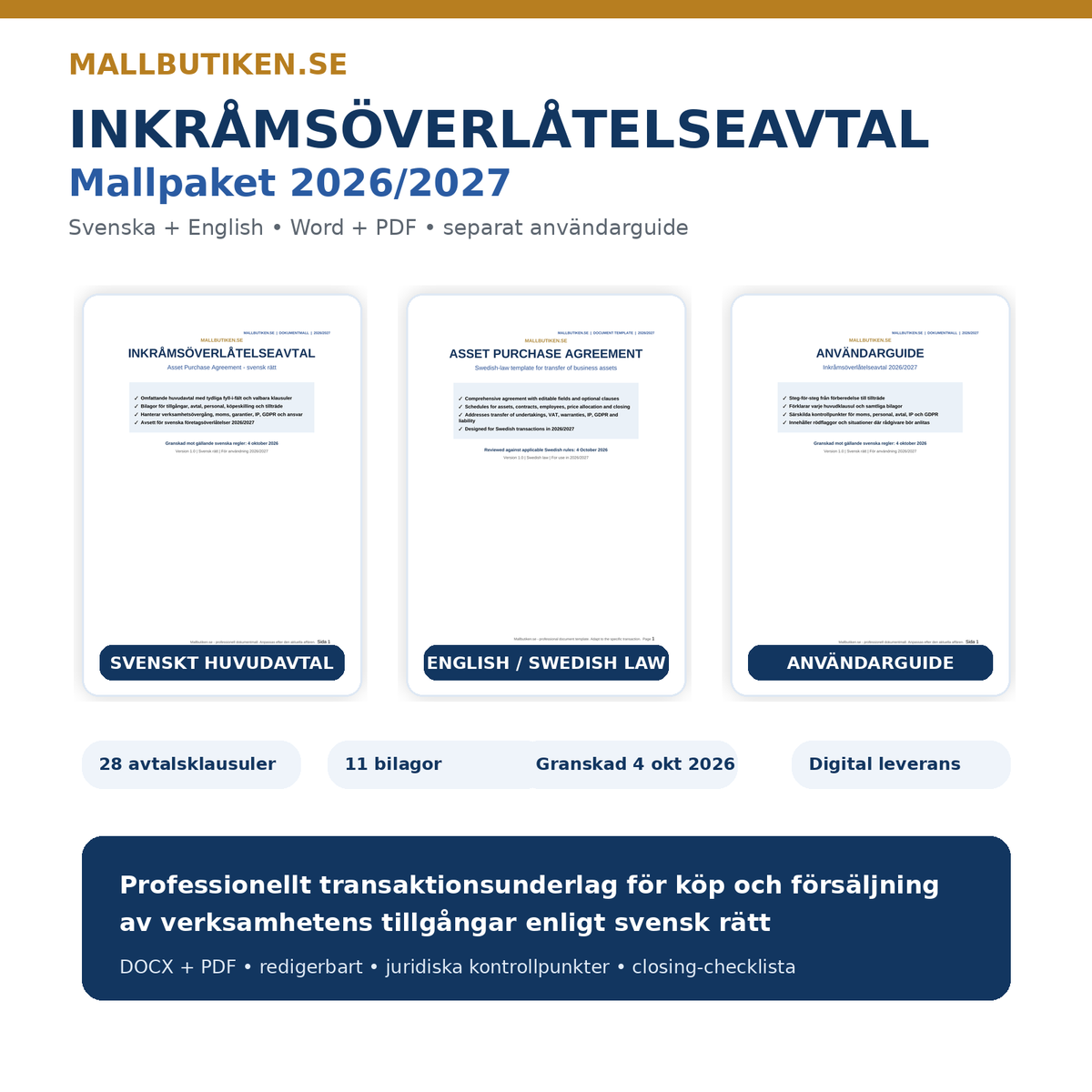 Inkråmsöverlåtelseavtal Mallpaket 2026/2027 Word PDF svenska engelska användarguide