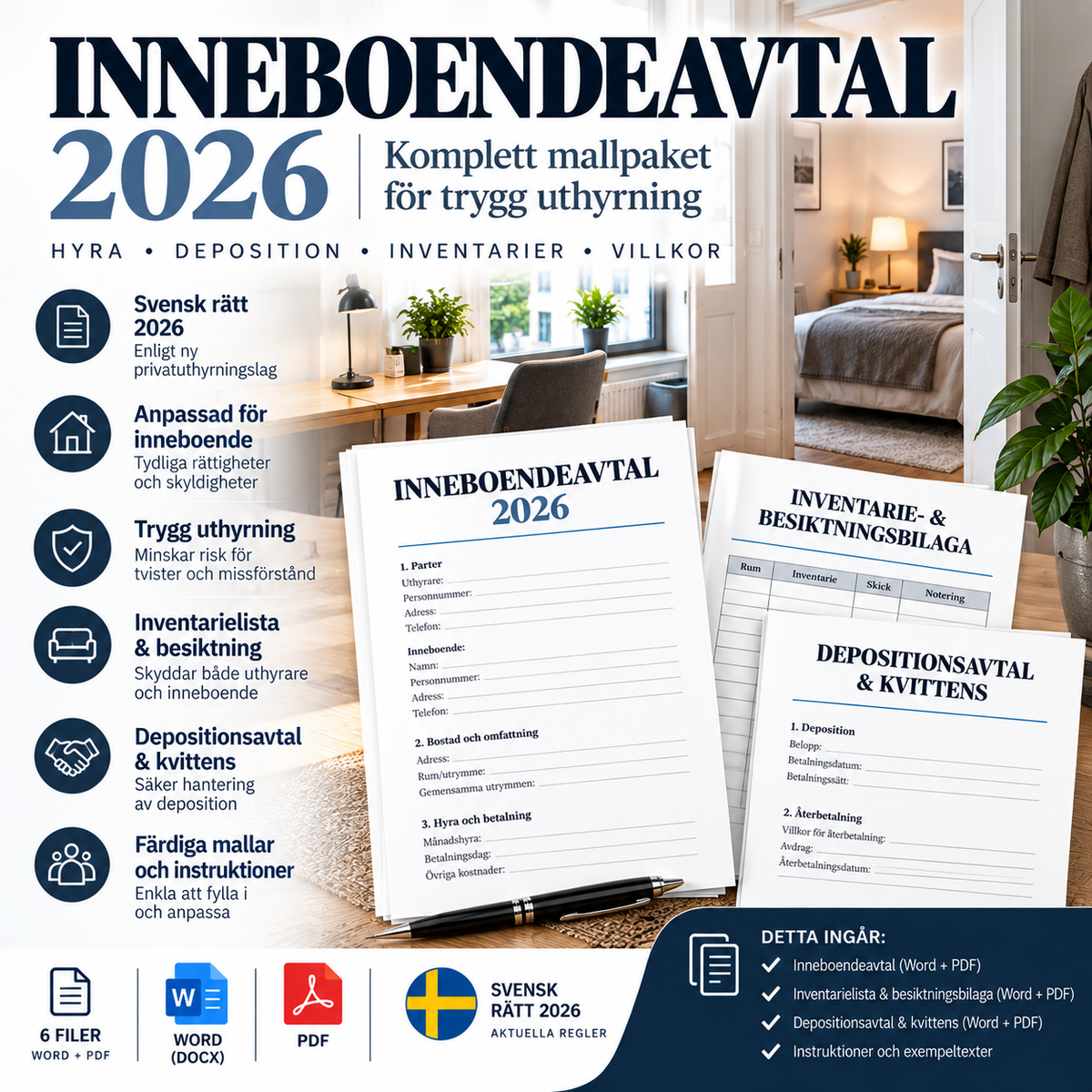Inneboendeavtal mallpaket 2026 – deposition, inventarier och besiktning – Word och PDF