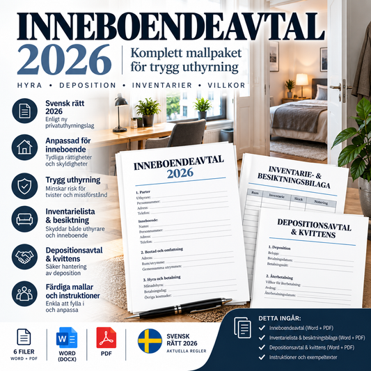 Inneboendeavtal mallpaket 2026 – deposition, inventarier och besiktning – Word och PDF
