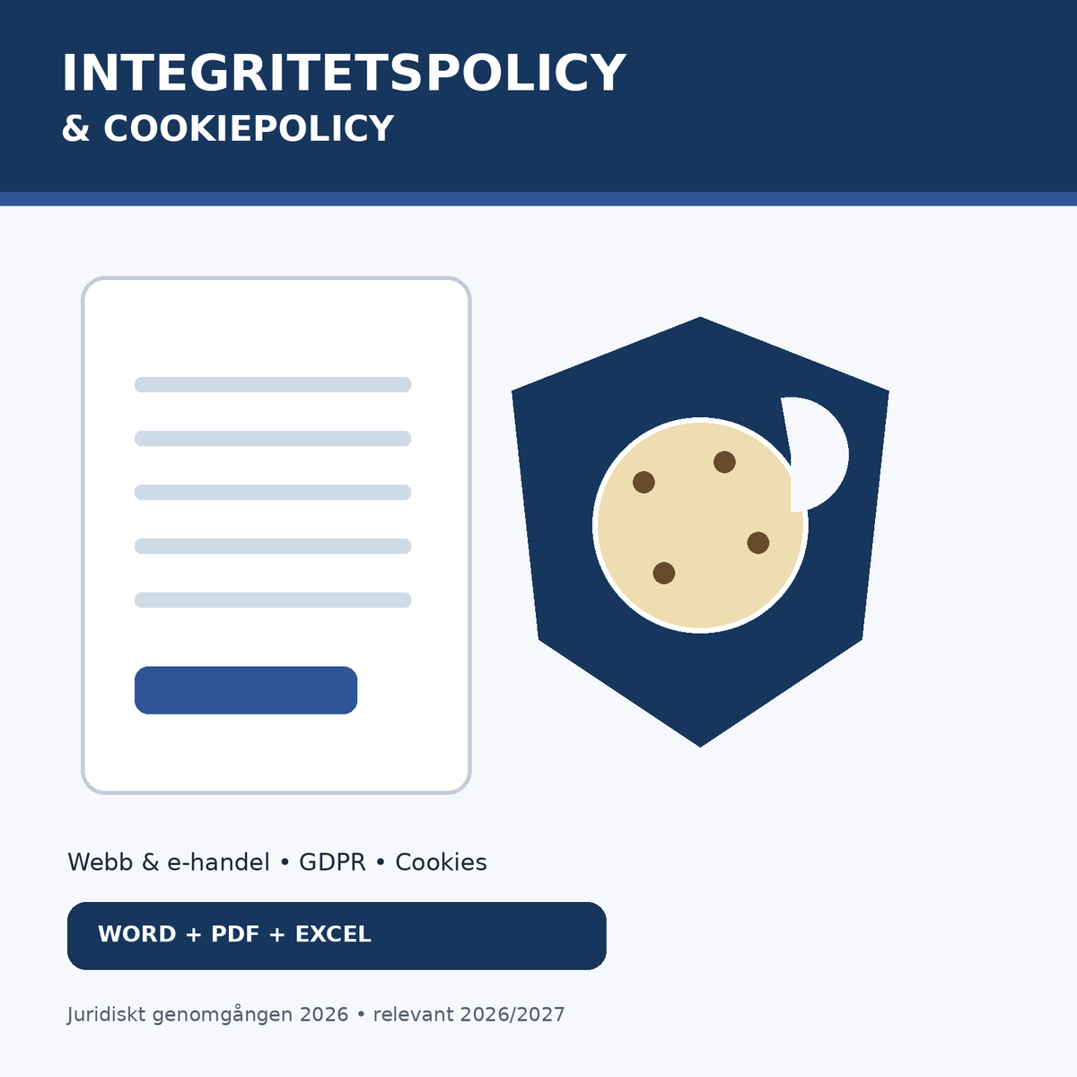 Integritetspolicy och Cookiepolicy mallpaket – GDPR, cookies, Word PDF Excel