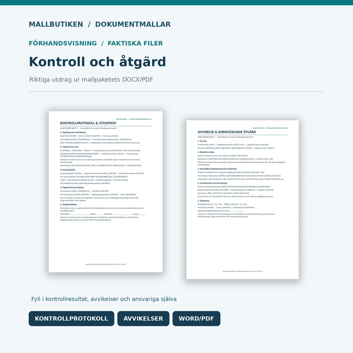 Förhandsvisning av verkligt kontrollprotokoll och avvikelserapport i Word och PDF
