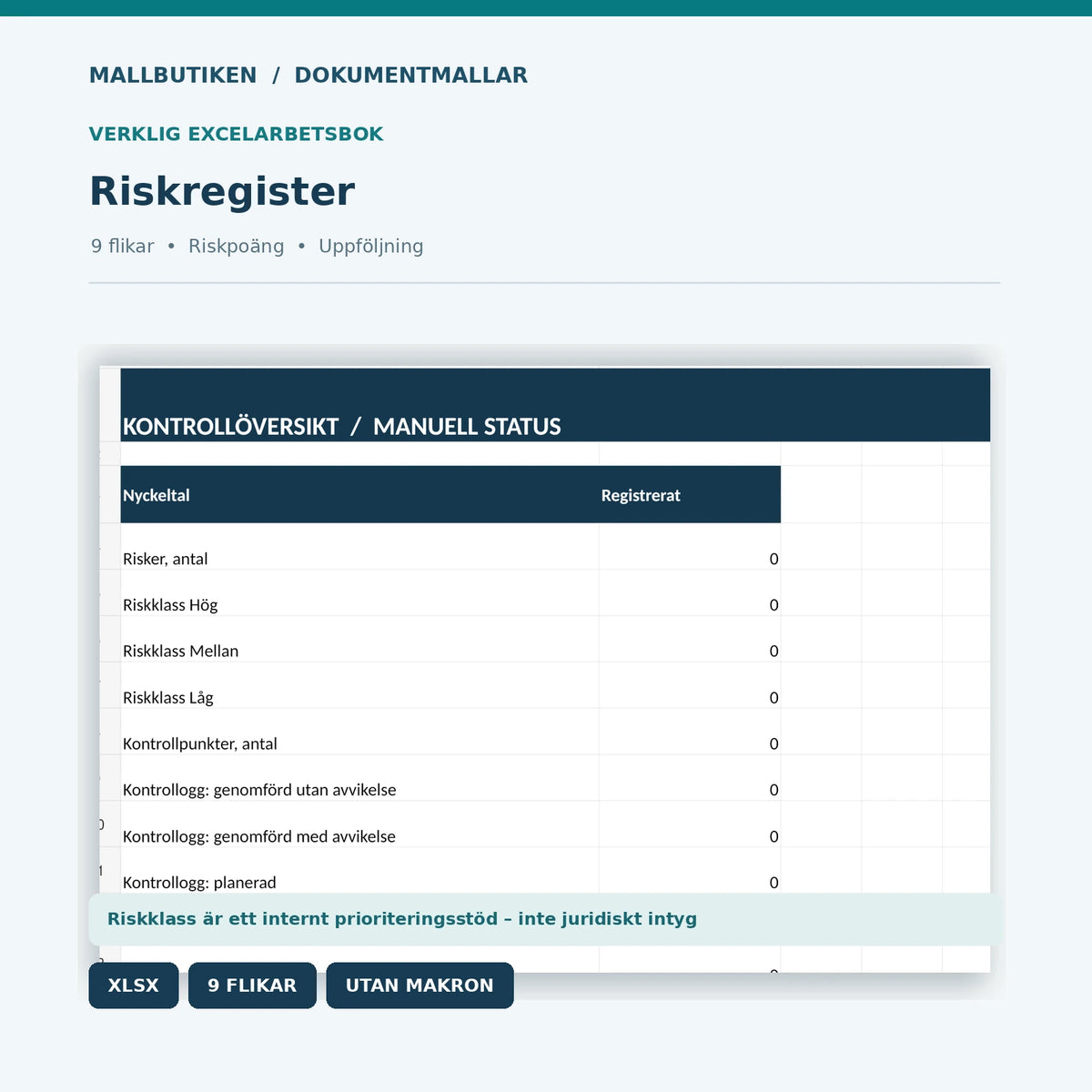 Verkligt utdrag ur Excelarbetsbok internkontroll översikt riskklass och uppföljning