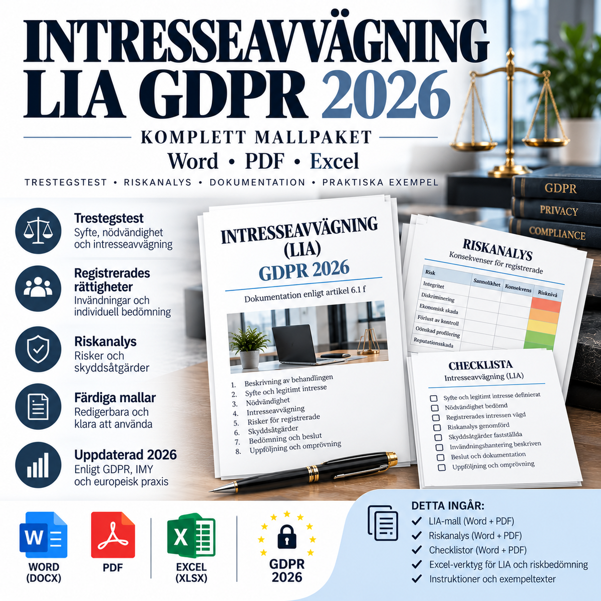 Intresseavvägning LIA GDPR mallpaket 2026 – Word PDF Excel
