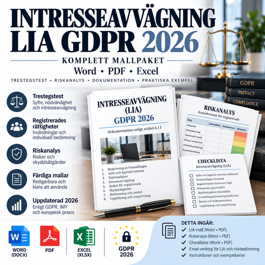 Intresseavvägning LIA GDPR mallpaket 2026 – Word PDF Excel