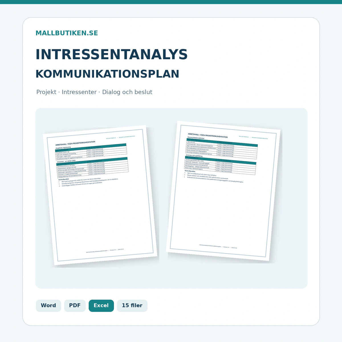 Intressentanalys och kommunikationsplan – verkliga Word- och PDF-mallar samt Excel