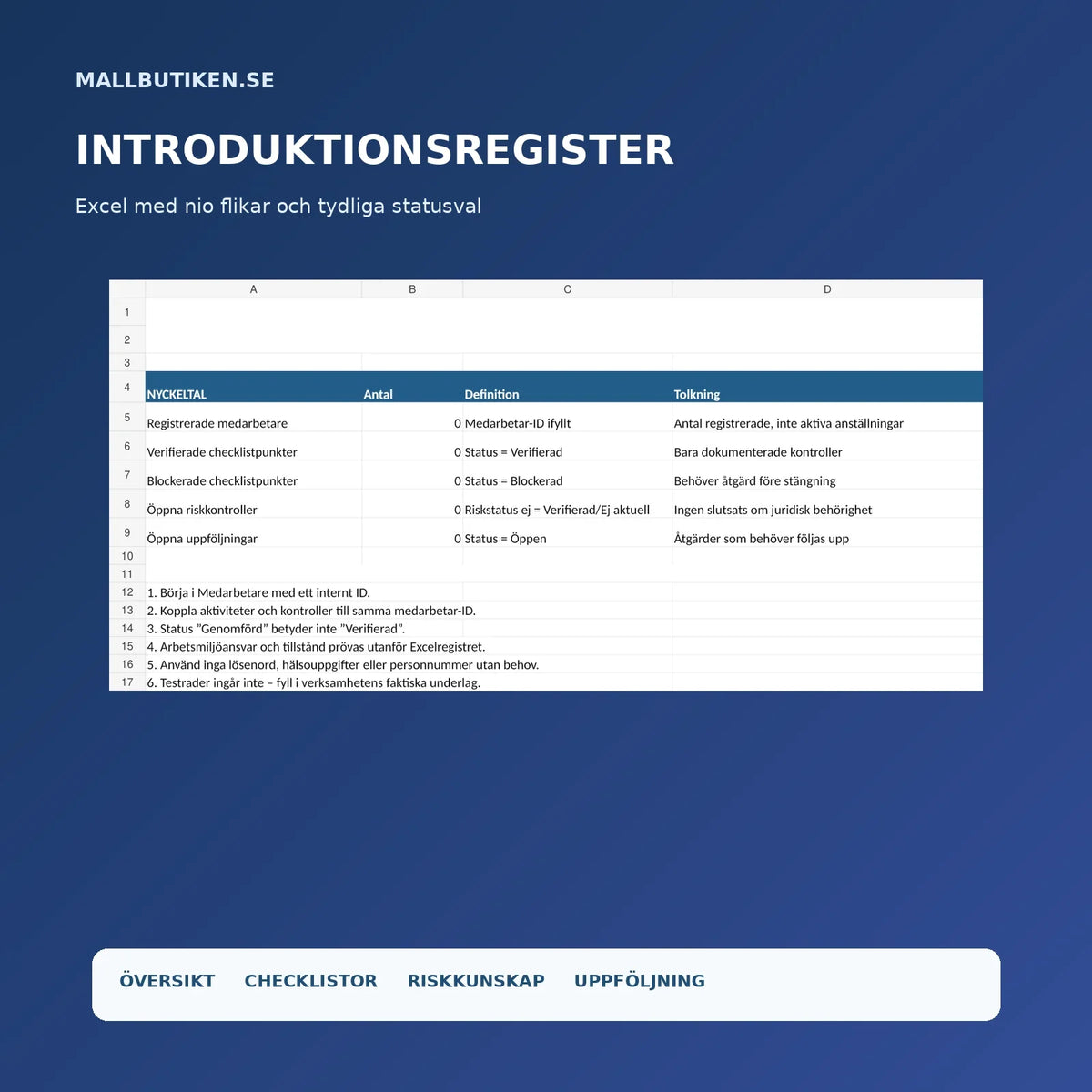 Excelöversikt för introduktionsplan med verifierat tomt medarbetarregister och statusuppföljning