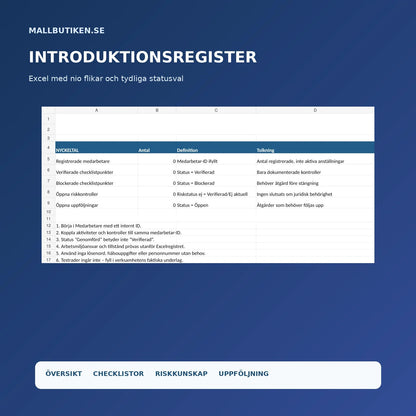 Excelöversikt för introduktionsplan med verifierat tomt medarbetarregister och statusuppföljning