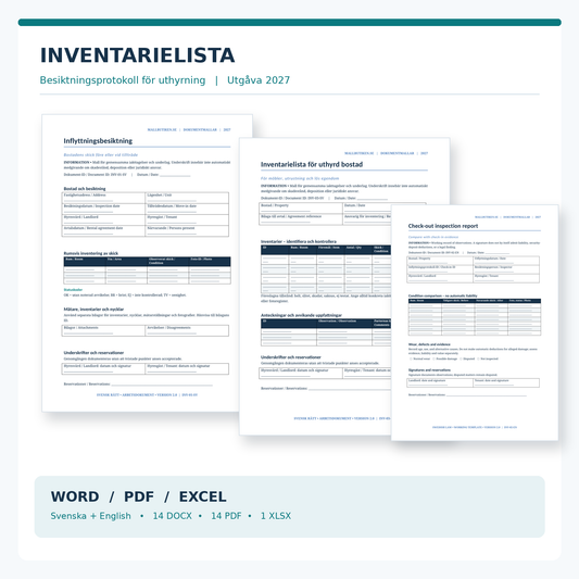 Inventarielista och besiktningsprotokoll 2027 – 14 Word, 14 PDF, 1 Excel; svenska och engelska
