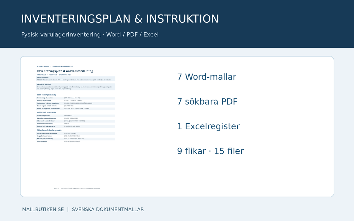 Inventeringsplan och räkneinstruktion – huvudbild Word, PDF och Excel