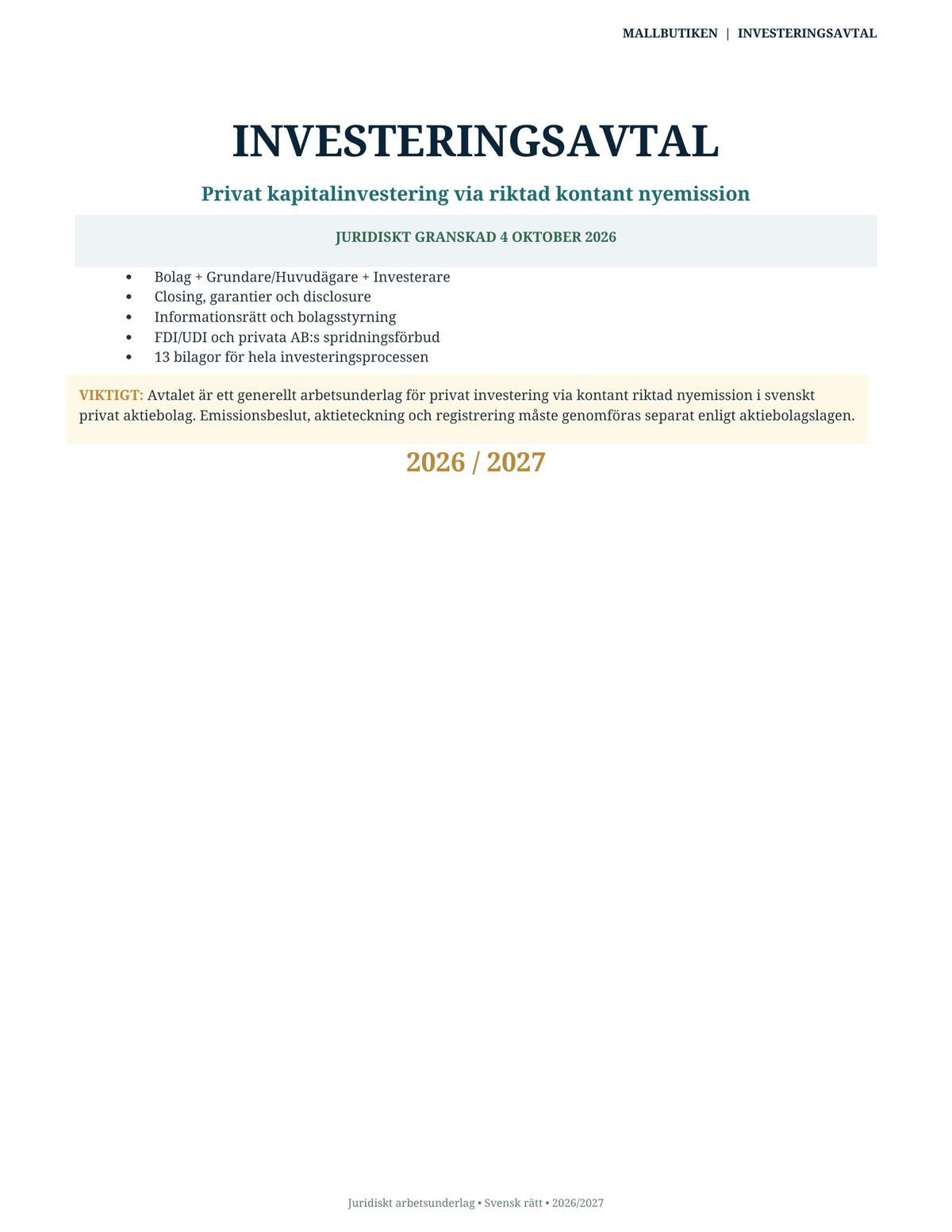 Omslag till svenskt Investeringsavtal 2026/2027 enligt svensk rätt