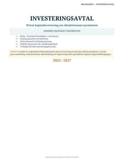 Omslag till svenskt Investeringsavtal 2026/2027 enligt svensk rätt