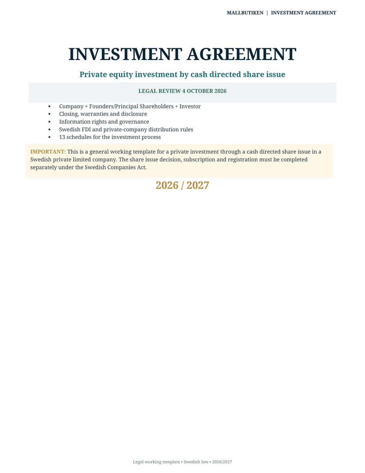 Cover of Investment Agreement 2026/2027 under Swedish law