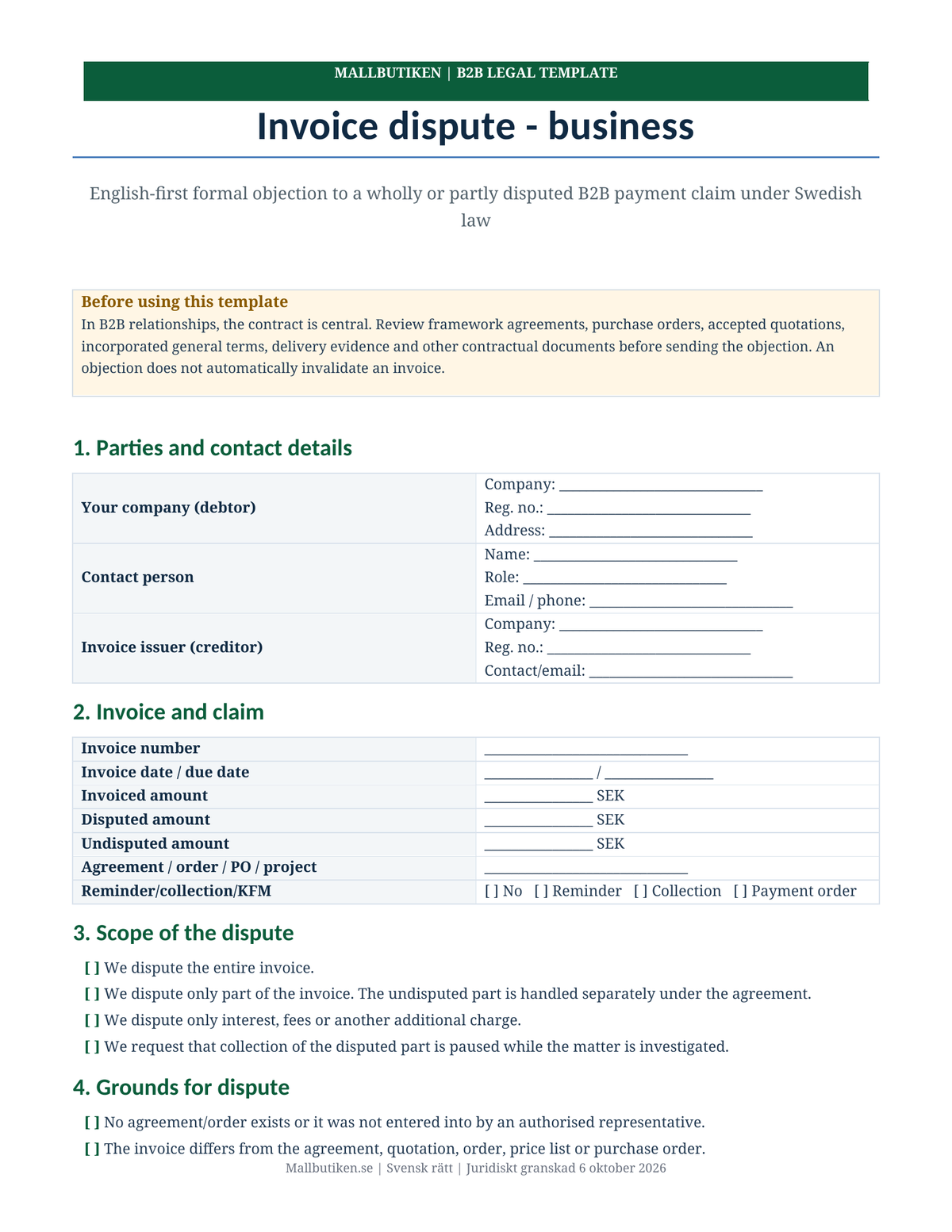 Preview of English B2B invoice dispute template under Swedish law