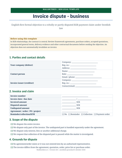 Preview of English B2B invoice dispute template under Swedish law