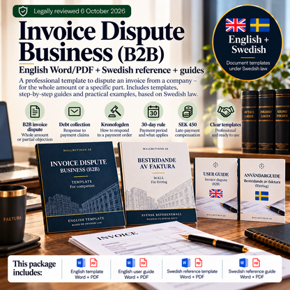 Invoice Dispute Business B2B under Swedish law – English Word/PDF template with Swedish reference and guides