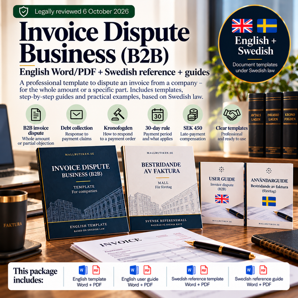 Invoice Dispute Business B2B under Swedish law – English Word/PDF template with Swedish reference and guides