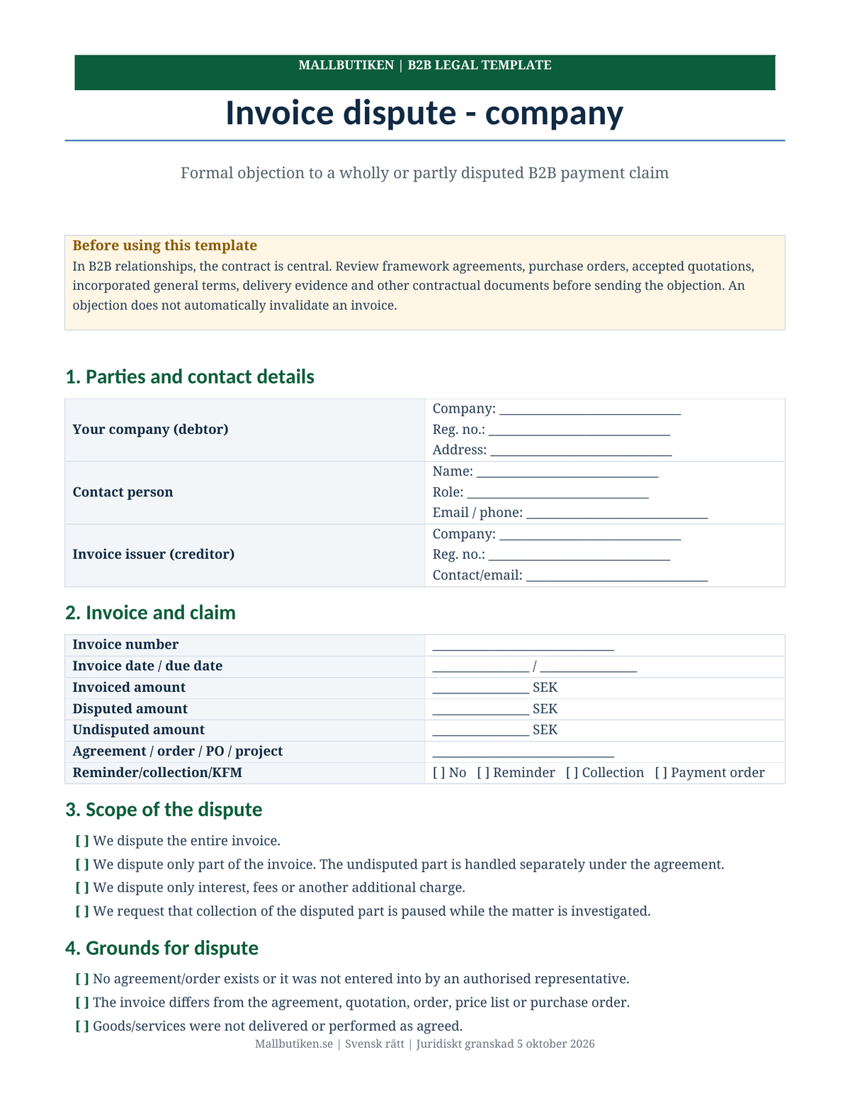 Preview of English invoice dispute template for companies under Swedish law
