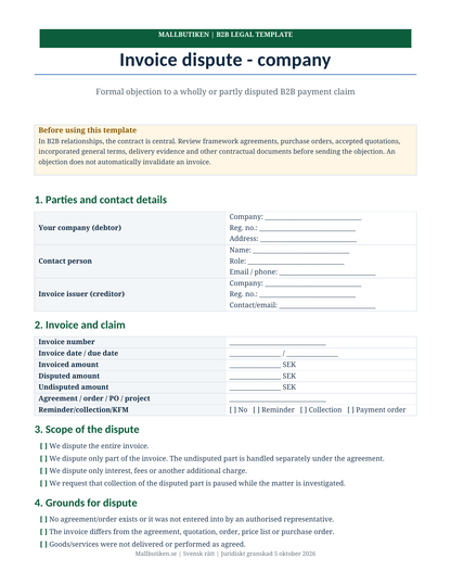 Preview of English invoice dispute template for companies under Swedish law