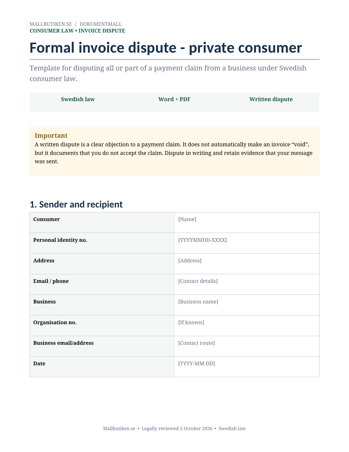 Preview of English invoice dispute template for private consumers under Swedish law