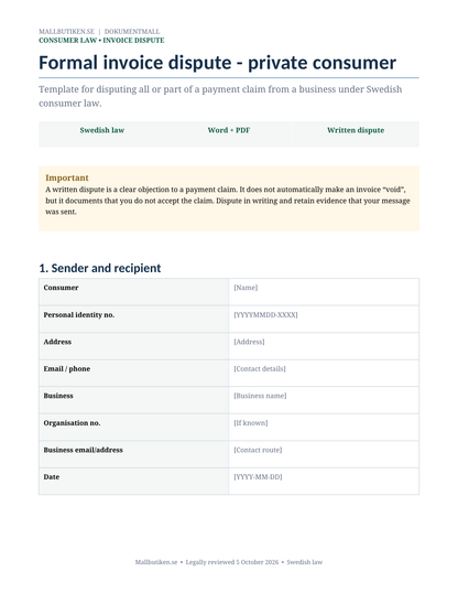 Preview of English invoice dispute template for private consumers under Swedish law