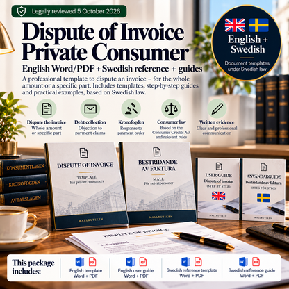 Invoice Dispute for Private Consumer under Swedish law – English Word/PDF template with Swedish reference and guides