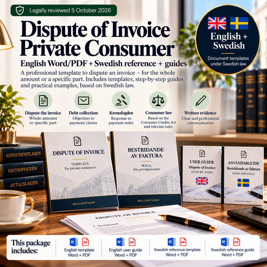 Invoice Dispute for Private Consumer under Swedish law – English Word/PDF template with Swedish reference and guides
