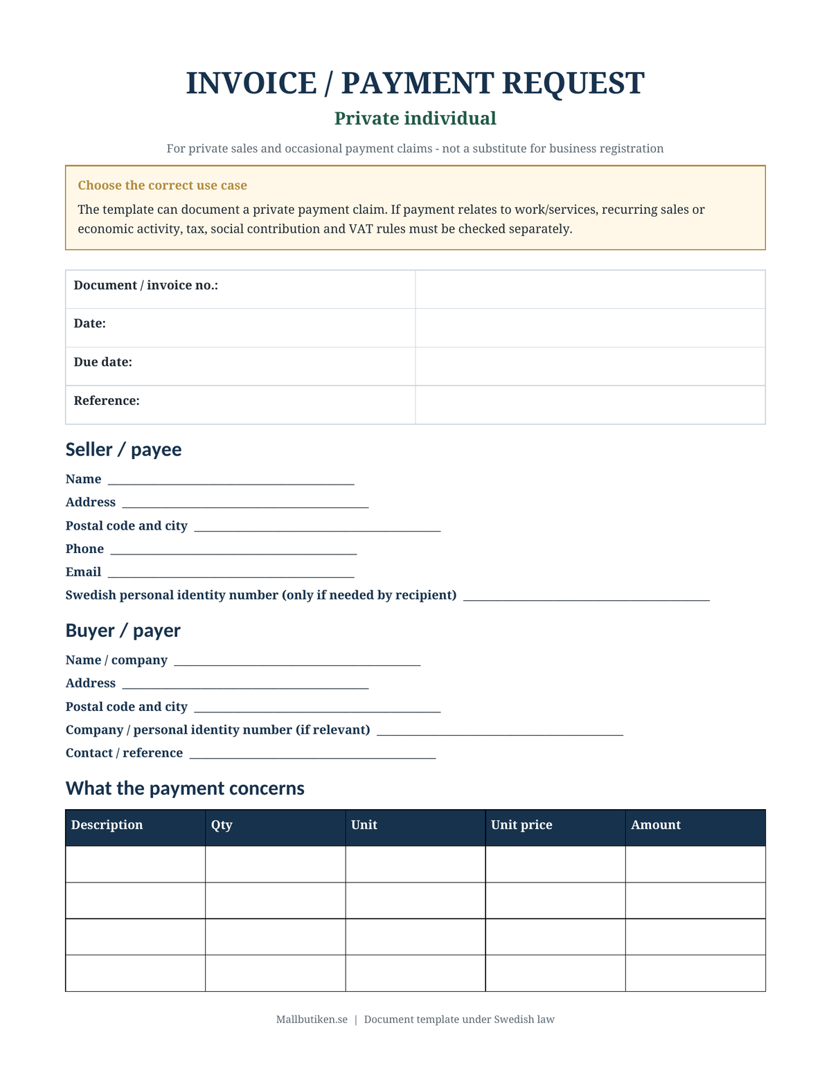 Preview of English invoice and payment request template for a private individual under Swedish law
