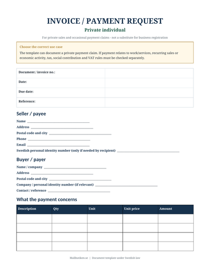 Preview of English invoice and payment request template for a private individual under Swedish law