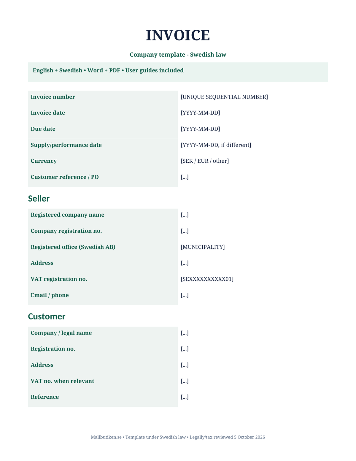 Preview of English company invoice template under Swedish law