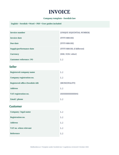 Preview of English company invoice template under Swedish law