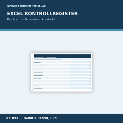 Excelkontrollregister med nio flikar och dashboard för IT-systemavveckling
