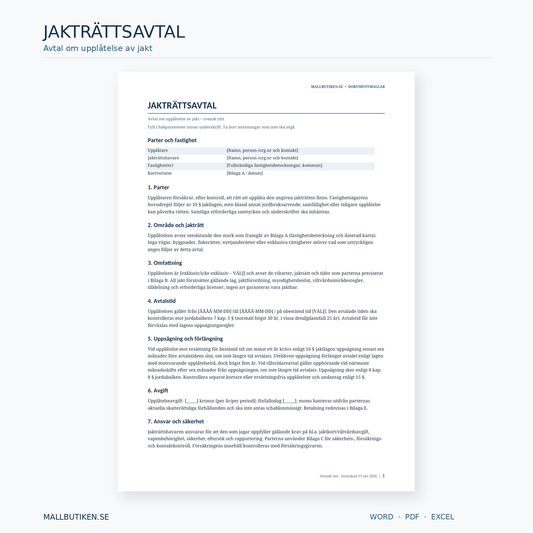 Jakträttsavtal – svensk och engelsk Word PDF samt Excelregister, dokumentmall för upplåtelse av jakt