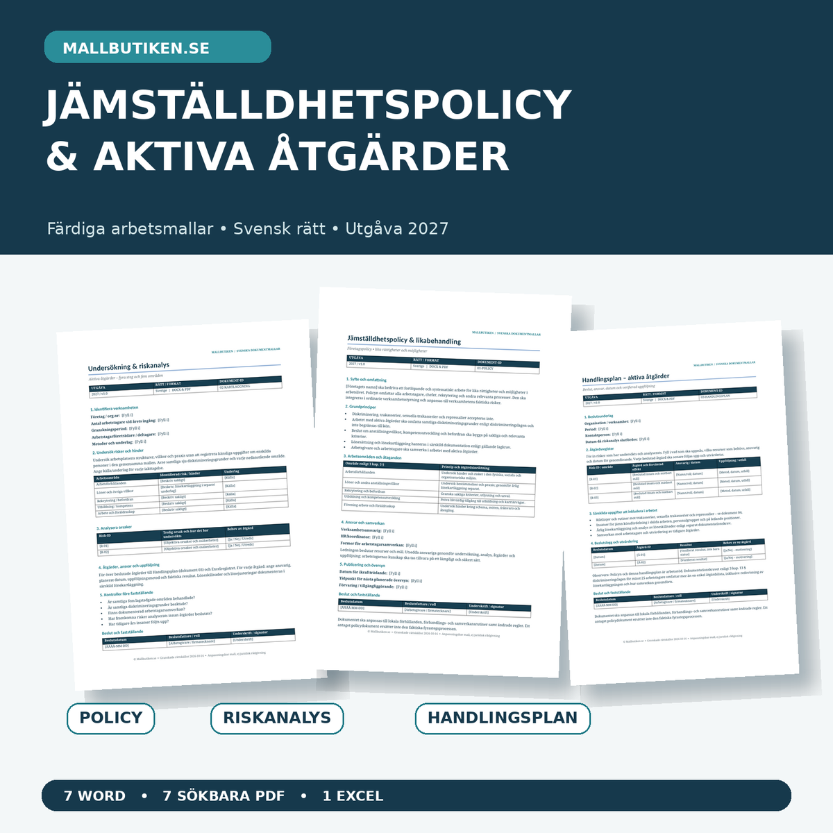 Jämställdhetspolicy och aktiva åtgärder 2027 – mallar för policy, riskanalys och handlingsplan i Word PDF Excel