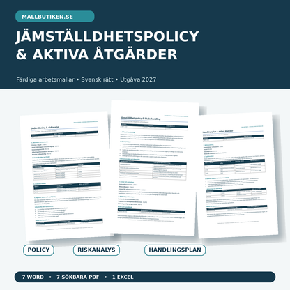Jämställdhetspolicy och aktiva åtgärder 2027 – mallar för policy, riskanalys och handlingsplan i Word PDF Excel