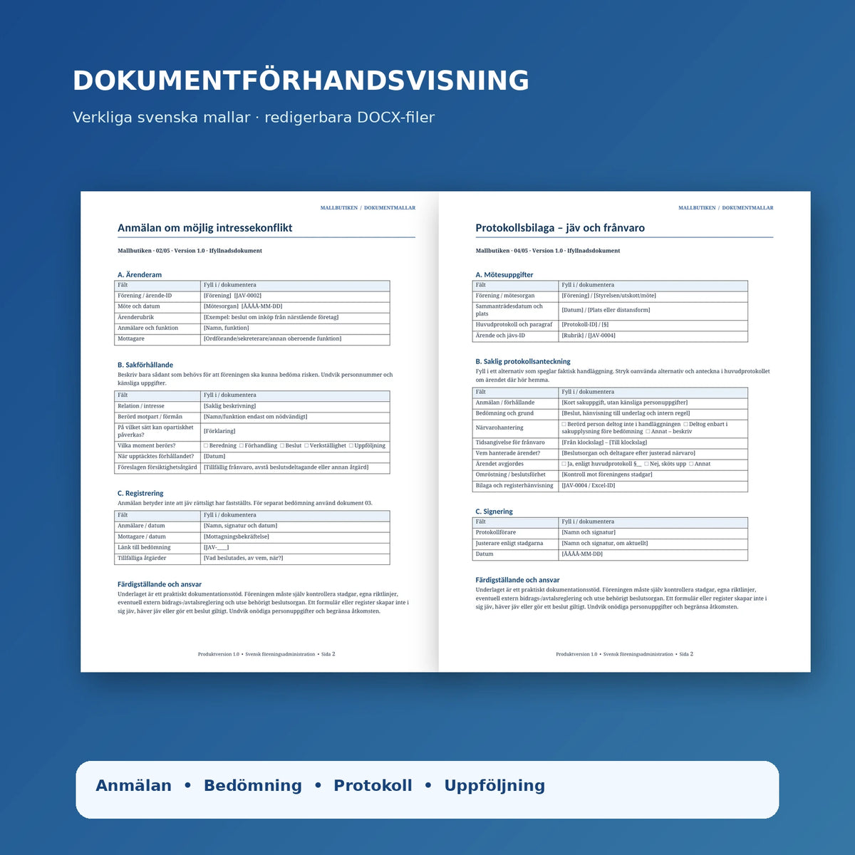 Förhandsvisning av intressekonfliktsanmälan och protokollsbilaga från svenska dokumentmallar