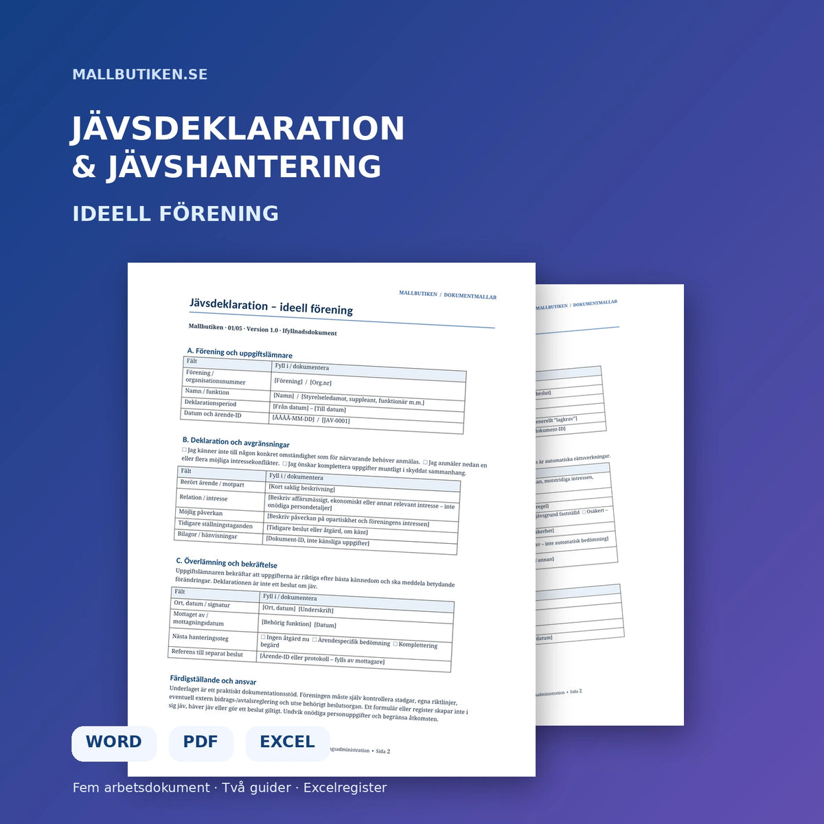 Jävsdeklaration och jävshantering för ideell förening – dokumentmallar i Word PDF och Excel