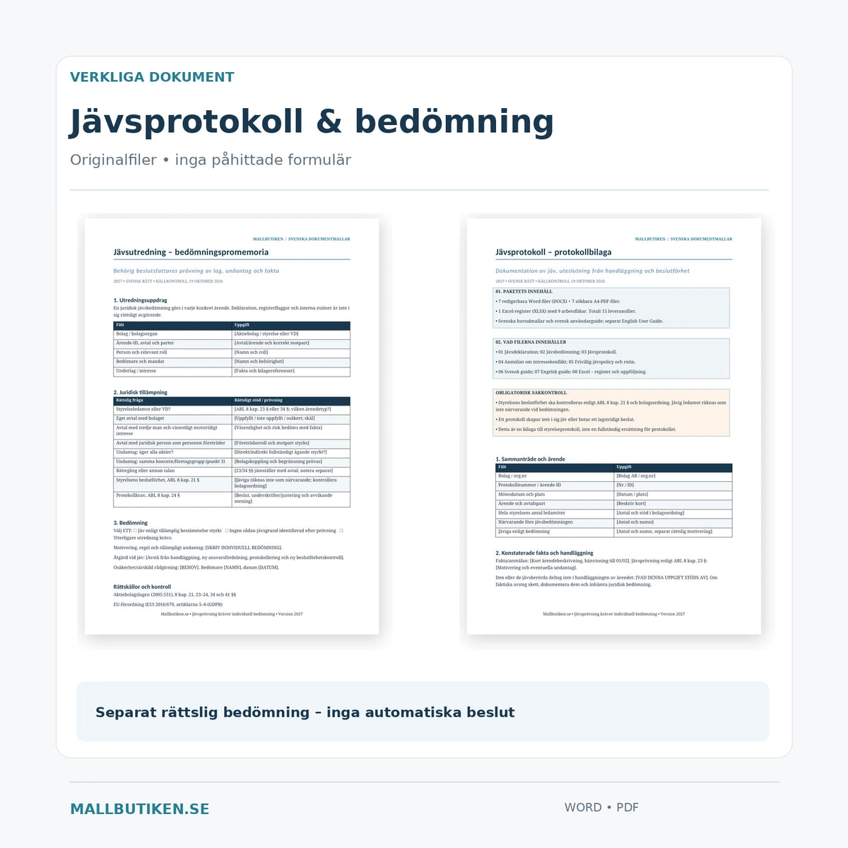 Förhandsvisning av verklig jävsbedömning och jävsprotokoll för aktiebolagsstyrelse i Word och PDF