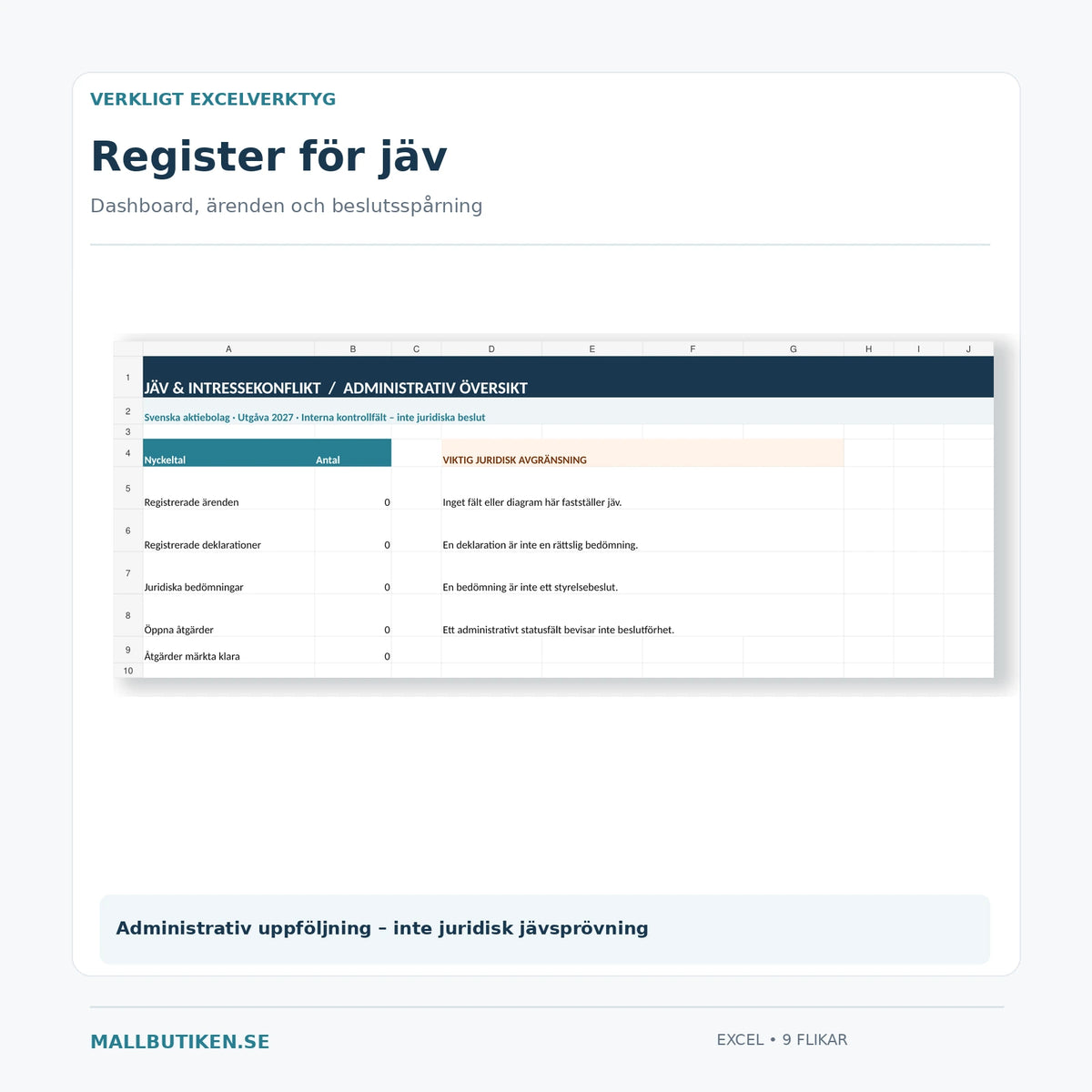 Jävsregister i Excel 2027 med dashboard och nio flikar för administrativ uppföljning, inte automatiska jävsbeslut