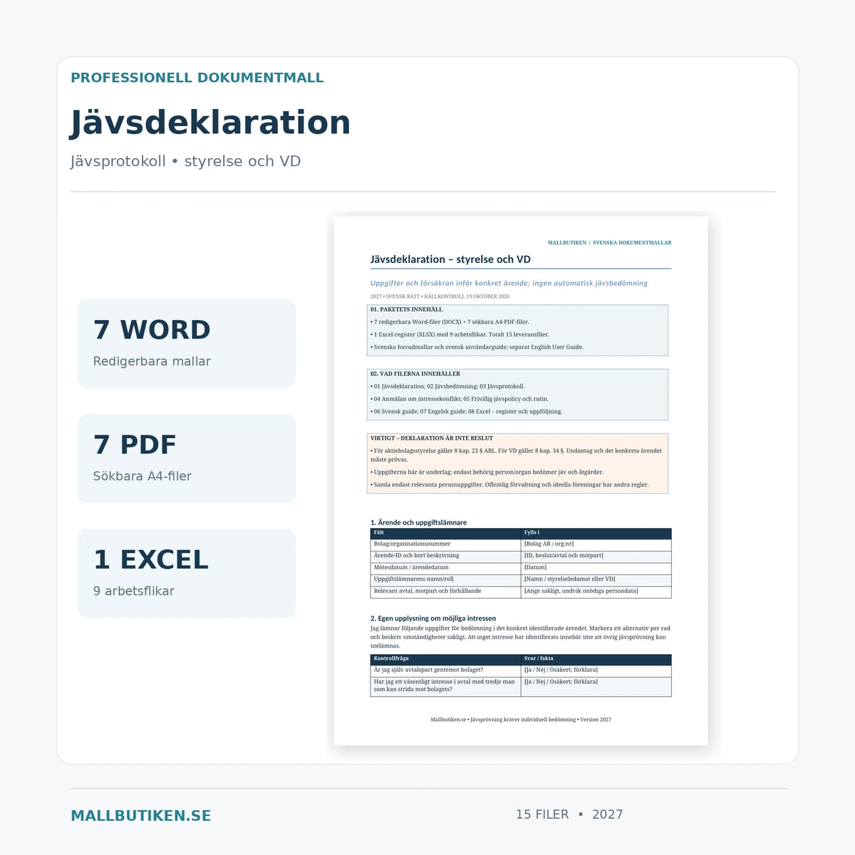 Jävsdeklaration och jävsprotokoll för aktiebolag 2027 – verklig Word-mall och digitalt paket med 7 DOCX, 7 PDF och 1 Excel