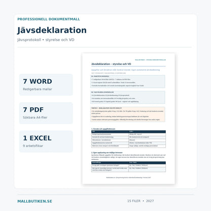 Jävsdeklaration och jävsprotokoll för aktiebolag 2027 – verklig Word-mall och digitalt paket med 7 DOCX, 7 PDF och 1 Excel