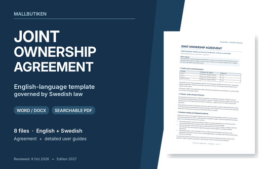 Joint Ownership Agreement English template Swedish law – Word, PDF, Swedish reference and guides