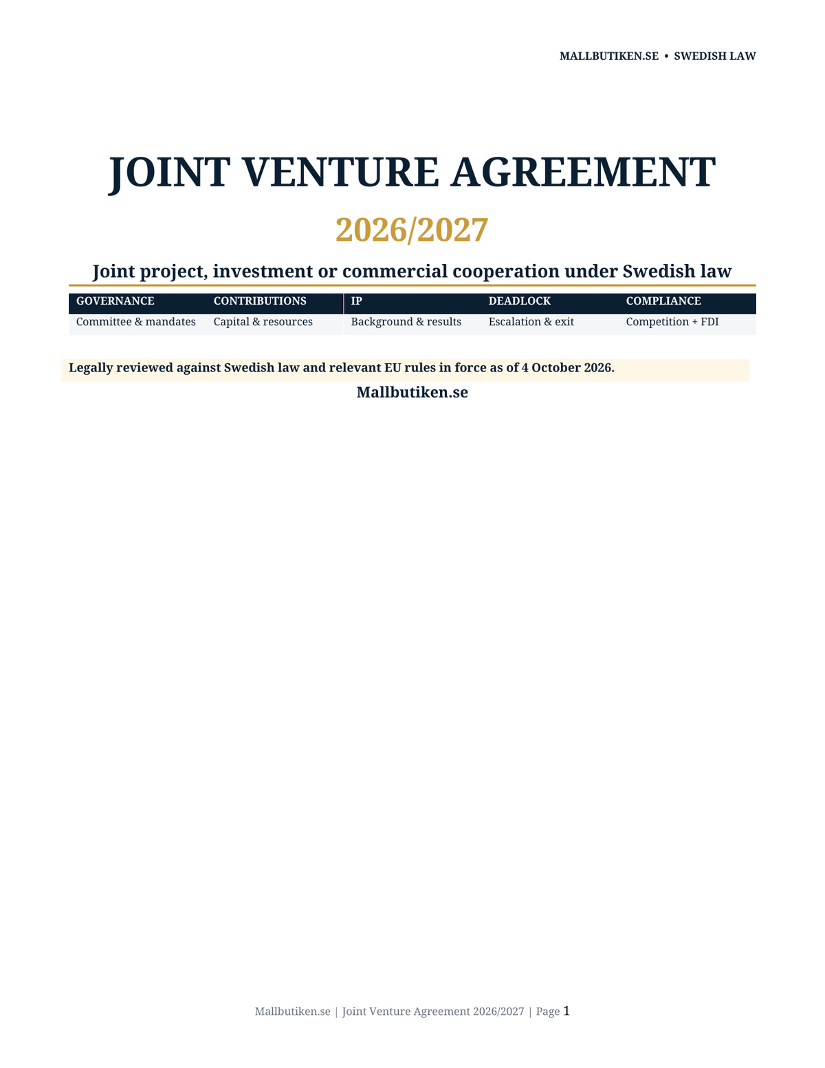 Cover of Joint Venture Agreement 2026/2027 under Swedish law
