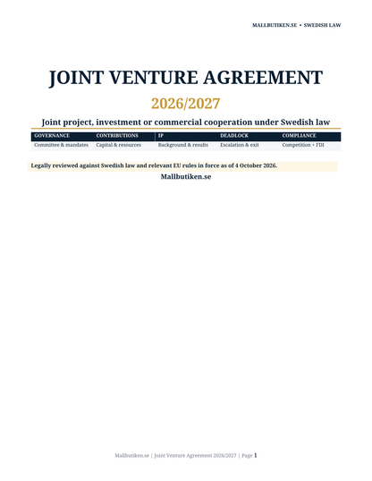 Cover of Joint Venture Agreement 2026/2027 under Swedish law