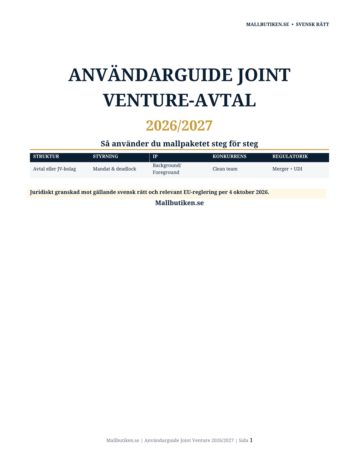 Användarguide till Joint Venture-avtal 2026/2027 med konkurrensrätt, UDI och deadlock
