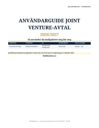Användarguide till Joint Venture-avtal 2026/2027 med konkurrensrätt, UDI och deadlock